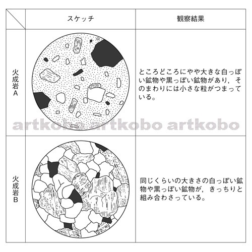 Web教材イラスト図版工房 R C2m 火山岩と深成岩の岩石のつくり