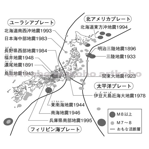 Web教材イラスト図版工房 R C2m 日本付近のプレートと大きな地震の起きた場所
